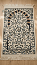 Sujada Al Rawdah 8M Janamaz – Cream & Navy Floral Mihrab Islamic Prayer Rug (70 x 110 cm)