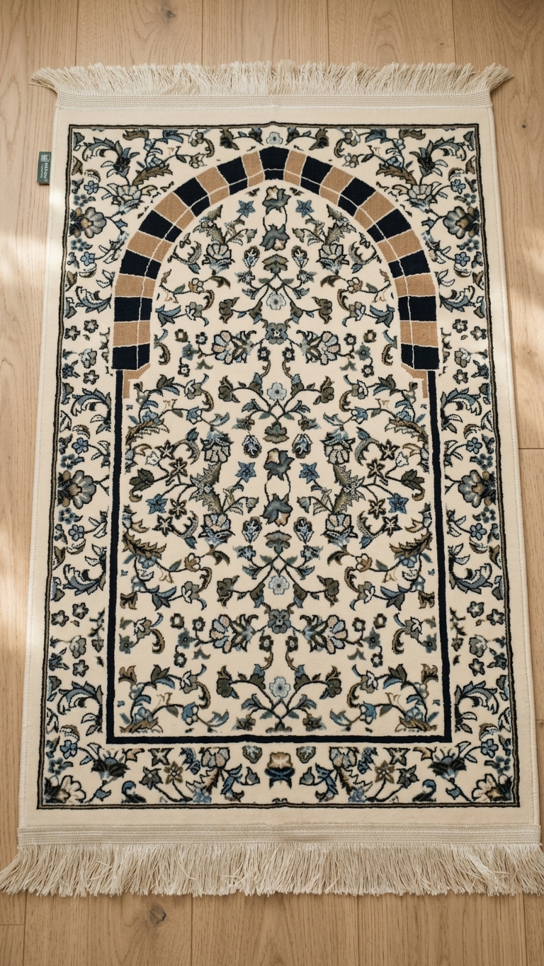 Sujada Al Rawdah 8M Janamaz – Cream & Navy Floral Mihrab Islamic Prayer Rug (70 x 110 cm)