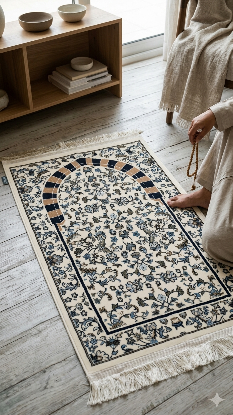 Sujada Al Rawdah 8M Janamaz – Cream & Navy Floral Mihrab Islamic Prayer Rug (70 x 110 cm)