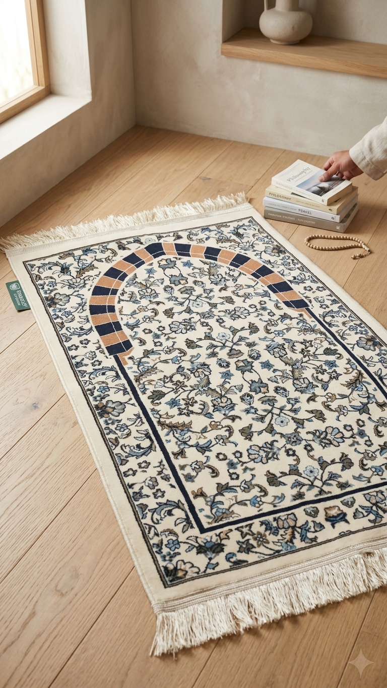 Sujada Al Rawdah 8M Janamaz – Cream & Navy Floral Mihrab Islamic Prayer Rug (70 x 110 cm)