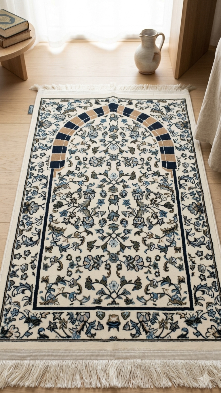 Sujada Al Rawdah 8M Janamaz – Cream & Navy Floral Mihrab Islamic Prayer Rug (70 x 110 cm)
